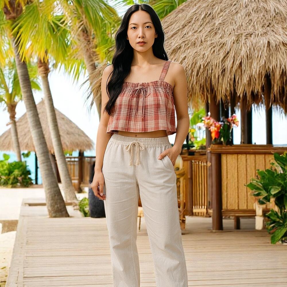 American Eagle Crop Top‎ Plaid Elastic Top Drawstring Wide Straps Cotton Size M